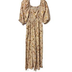 Three Bird Nest Jumpsuit Womens Small Beige Bohemian Paisley Print Puff Sleeve